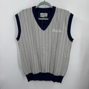 Bogey Boys Sweater Vest Mens‎ L Gray Navy Pinstripe V Neck Golf Embroidery Retro